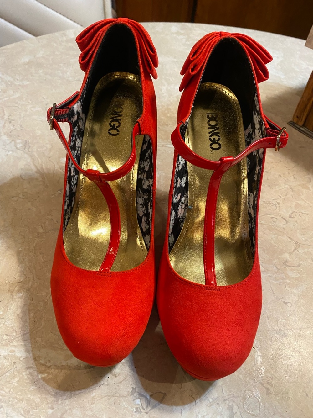 BONGO Red T-Strap Heels with Bow Accent